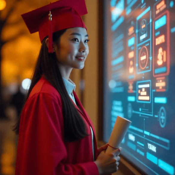 Young woman in a red gown holding a diploma standing in front of a digital screen displaying a futuristic tech interface
