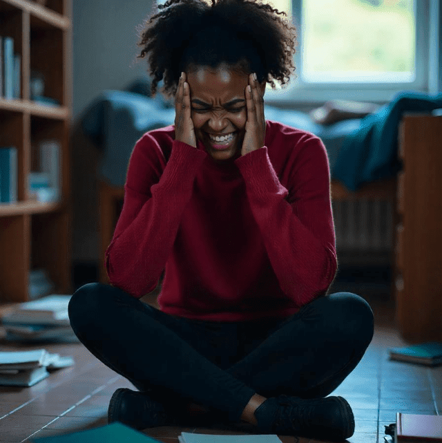 A young woman stressed and experiencing academic burnout