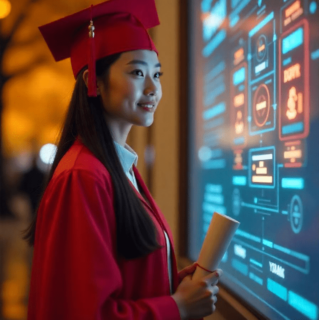 Young woman in a red gown holding a diploma standing in front of a digital screen displaying a futuristic tech interface